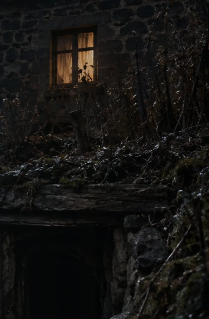 Concept art: the village house at night, the tunnel opening in the garden below a lit window