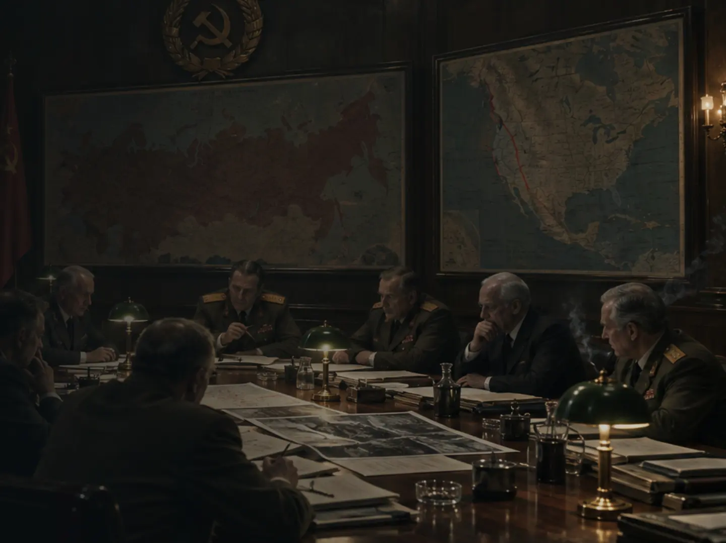 Concept art: KGB generals around a long table under maps of the USSR and North America